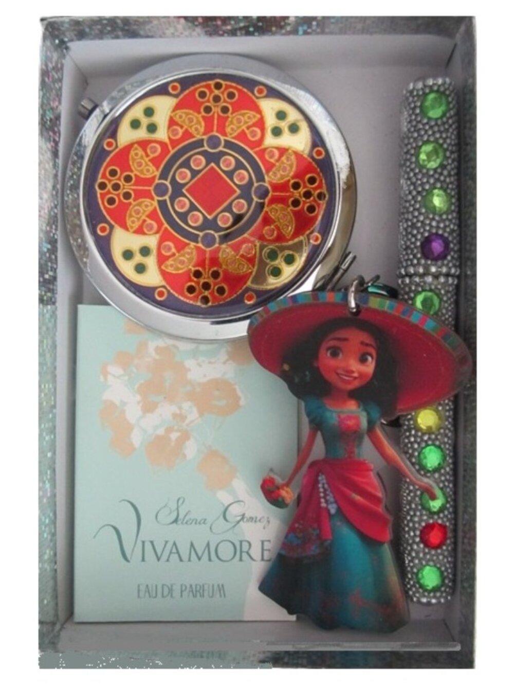 Purse Set Selana Gomez Vivamor sample vial & Compact Mirror Ink Pen Keychain NEW